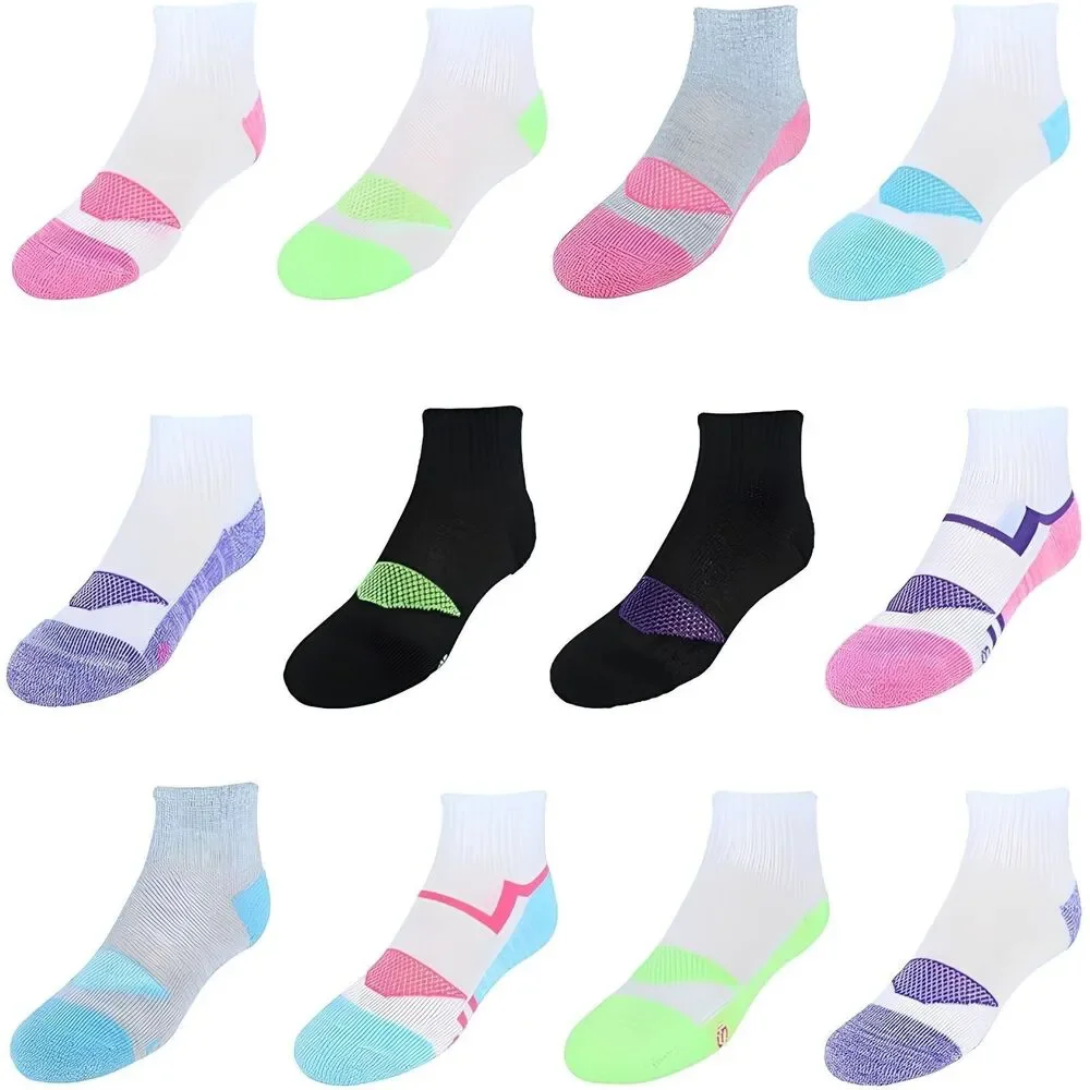Hanes Girls Ankle Socks M Shoe 10.5-4 Cool Comfort Cushioned 12 Pack Assorted